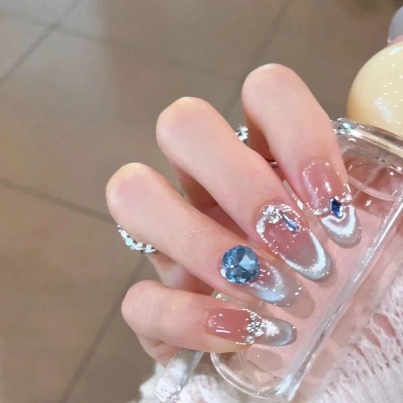 手工儿童美甲穿戴甲高级感中长款蓝调冰晶猫眼指甲贴片2026年新款,彩妆/香水/美妆工具,穿戴甲/甲片,淘宝优惠券,粉丝福利购,淘宝优惠卷