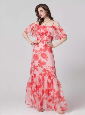 Sera轻奢果儿原创女装服饰一字肩吊带印花减龄优雅气质红色玫瑰