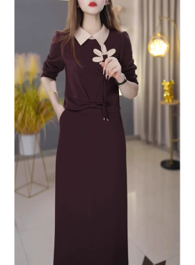 Sera轻奢2025年春秋新款妈妈婚宴礼服套装裙长袖高档POLO领两件套