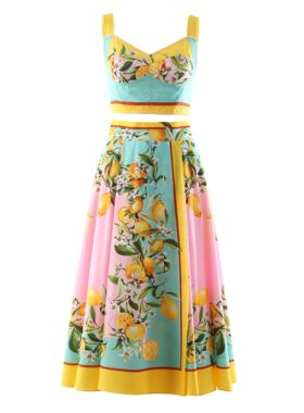 Sera轻奢欧美女装夏日清爽柠檬品质名媛气质套裙抹胸+高腰印花