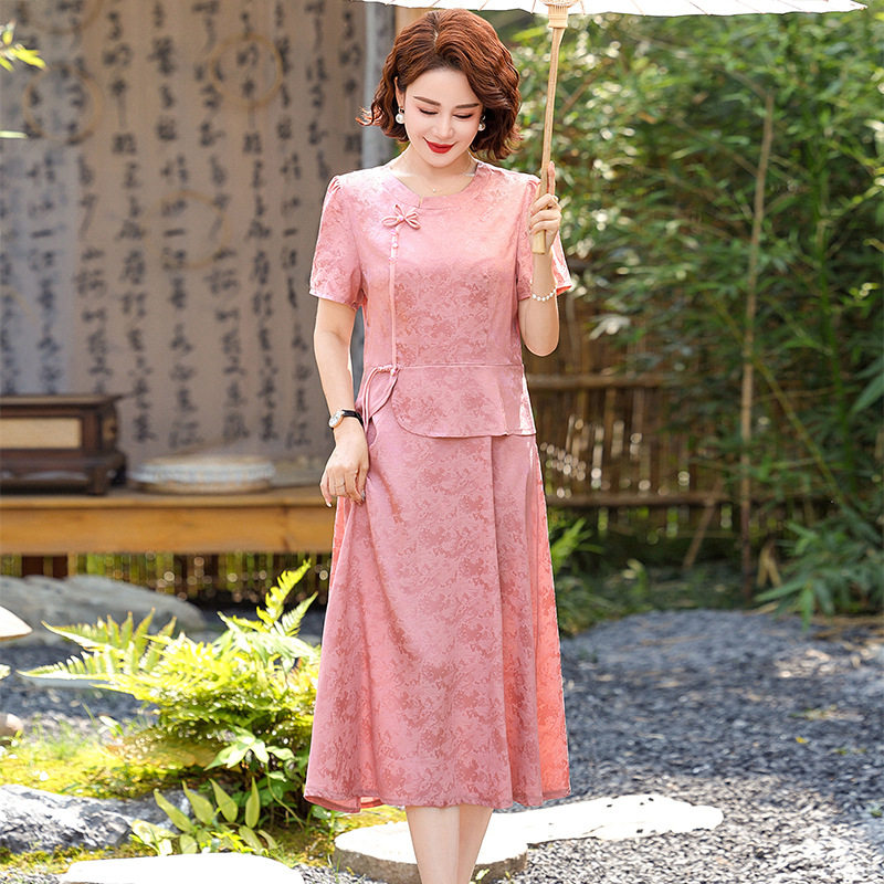 轻奢新中式夏季短袖连衣裙气质轻奢妈妈装过膝裙阔太太改良版旗袍
