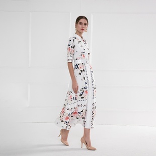 Sera轻奢果儿服饰新款衬衣领束腰女装裙夏欧洲站棉印花连衣裙淑女