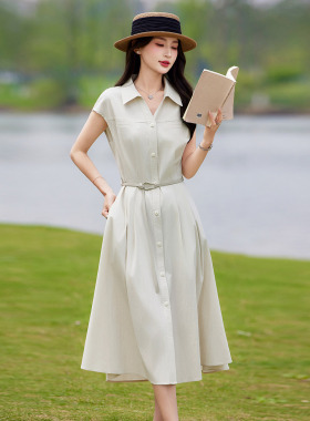 Sera轻奢时尚polo领无袖衬衫连衣裙女2026夏季新款收腰a字长裙子