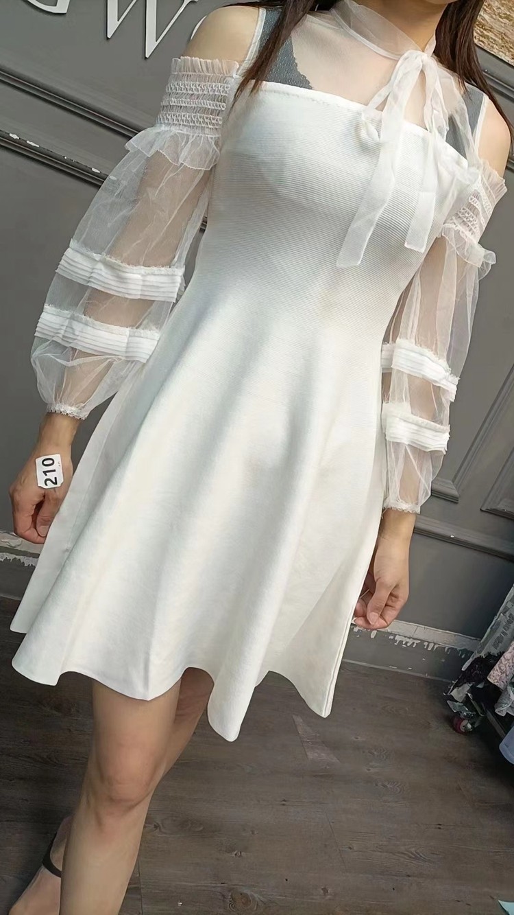 【卓系列】新品夏季女士显瘦网纱修身针织拼蕾丝连衣裙a3705