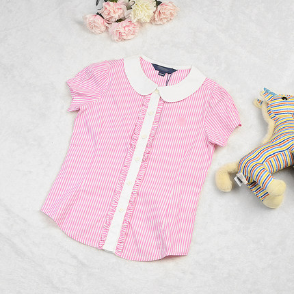 新品卡系列夏季粉白条纹短袖衬衫K1522A135