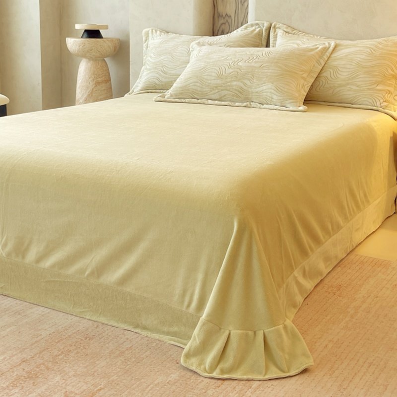 保暖加厚牛奶绒床单单件黄绿色荷叶边圆角被单单人1.21.5双人1.8m