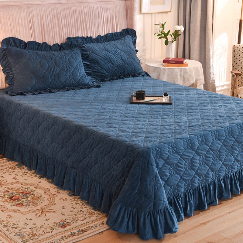 冬季保暖床盖单件宝蓝藏蓝深蓝色加厚夹棉珊瑚绒水晶绒牛奶绒床单