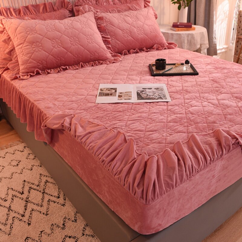 加厚夹棉水晶绒床笠豆沙粉色保暖法兰绒床垫套防滑固定床套罩1.5m