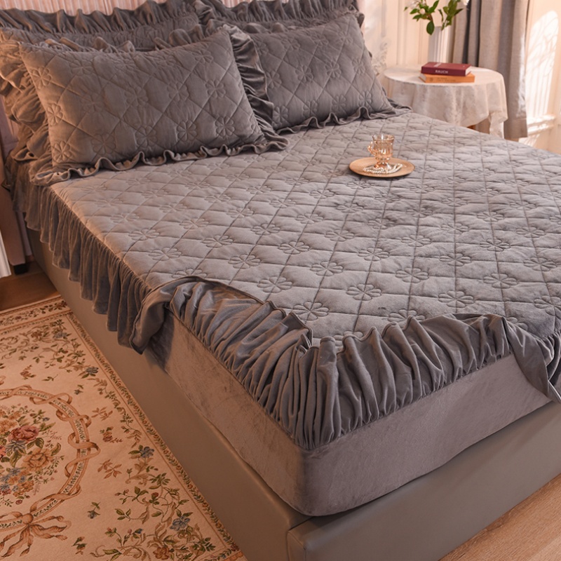 精美荷叶边夹棉水晶绒床笠浅灰色加厚法兰绒床垫套防滑固定床套罩