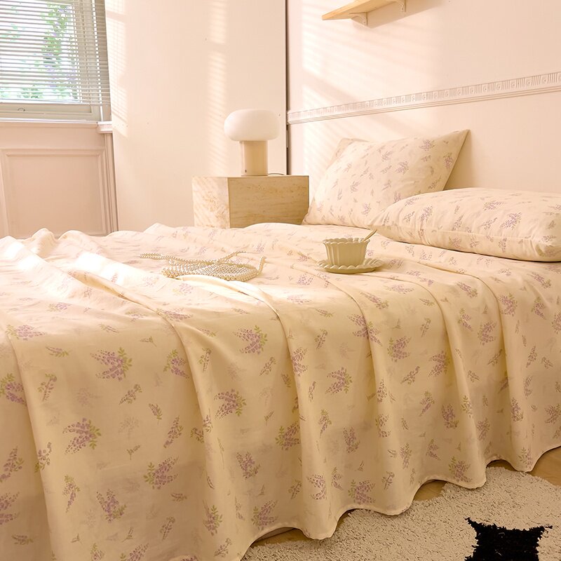 紫色田园印花全棉双层纱床单单件高端A类纯棉奶油黄底色被单单人