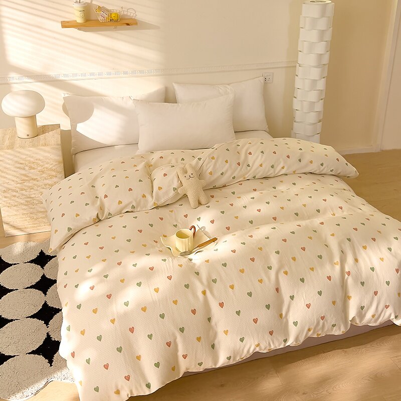 爱心简约A类全棉双层纱被套单件草绿杏黄豆沙米黄色高端纯棉被罩