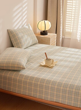 色织水洗全棉床笠单件纯棉浅绿鹅黄色格纹床套宿舍单人0.91.21.5m