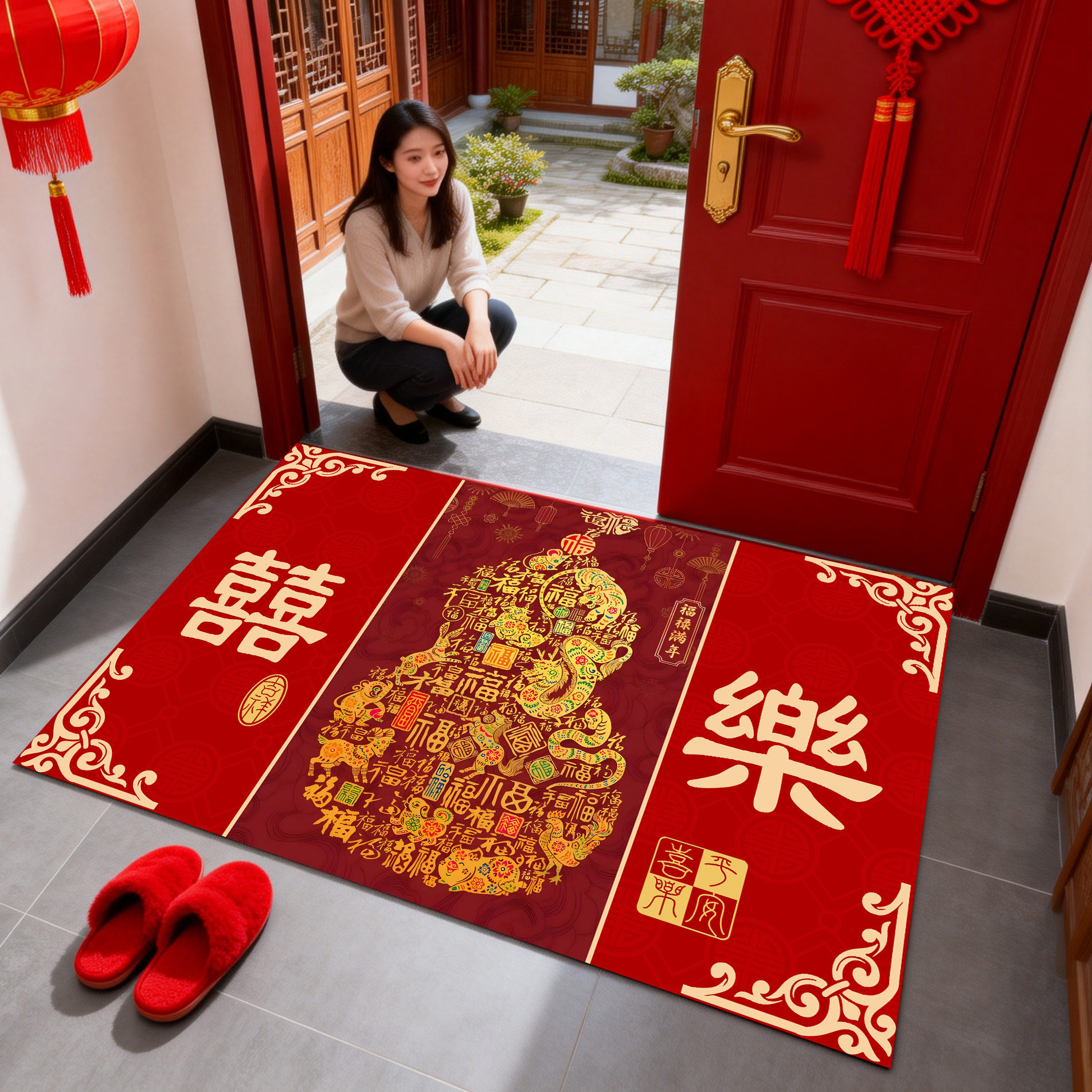 节日喜庆红色的地垫入户玄关防滑地垫感红色门地垫简约进门毯