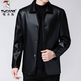 皮衣男中青年春秋季 纽扣男 翻领皮夹克爸爸加绒头层绵羊皮外套薄款