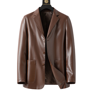 加绒皮衣商务休闲高档皮外套 皮夹克中年翻领扣子款 品牌断码 春秋款