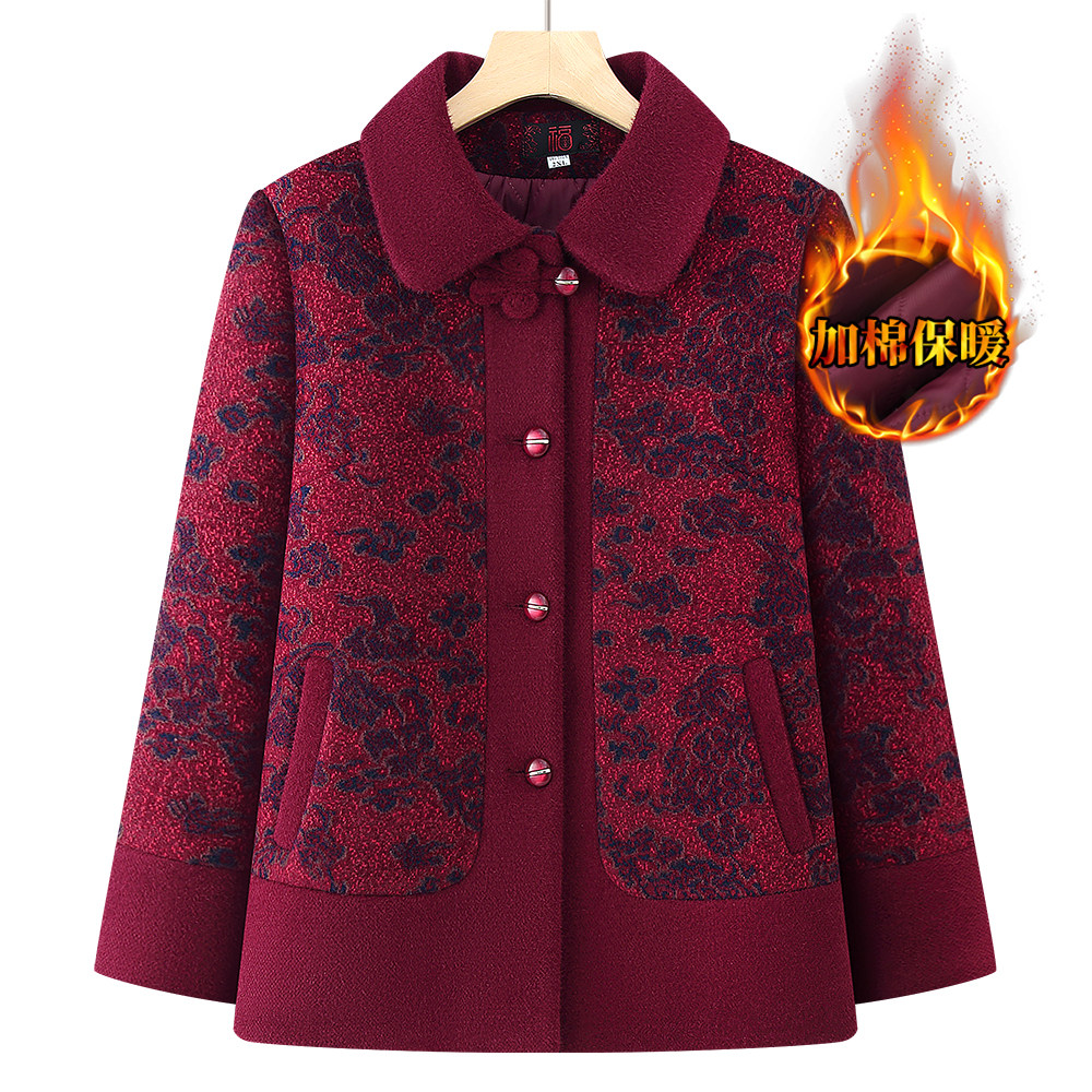 中老年女装冬装加棉加厚翻领毛呢外套奶奶洋气保暖呢子大衣老太太