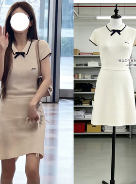 露思同款白色连衣裙女高级感显瘦针织裙polo领蝴蝶结绝美小裙子