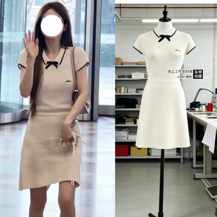 露思同款白色连衣裙女高级感显瘦针织裙polo领蝴蝶结绝美小裙子