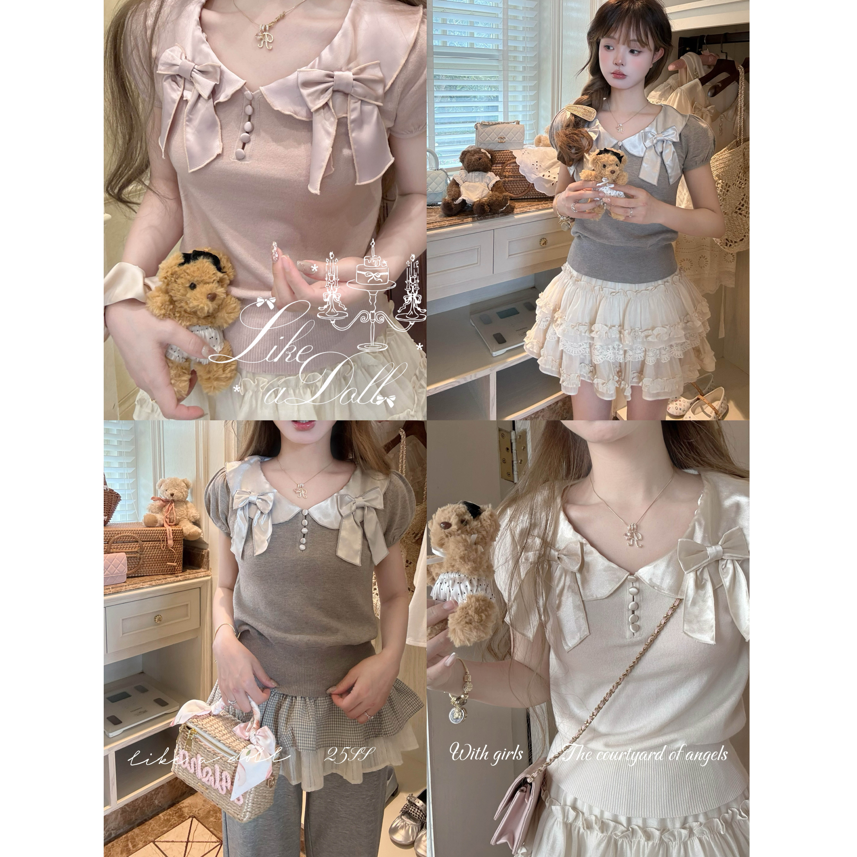 DOLL原创-奶油蛋糕结-三色蝴蝶结可拆卸针织短袖上衣女夏季新款