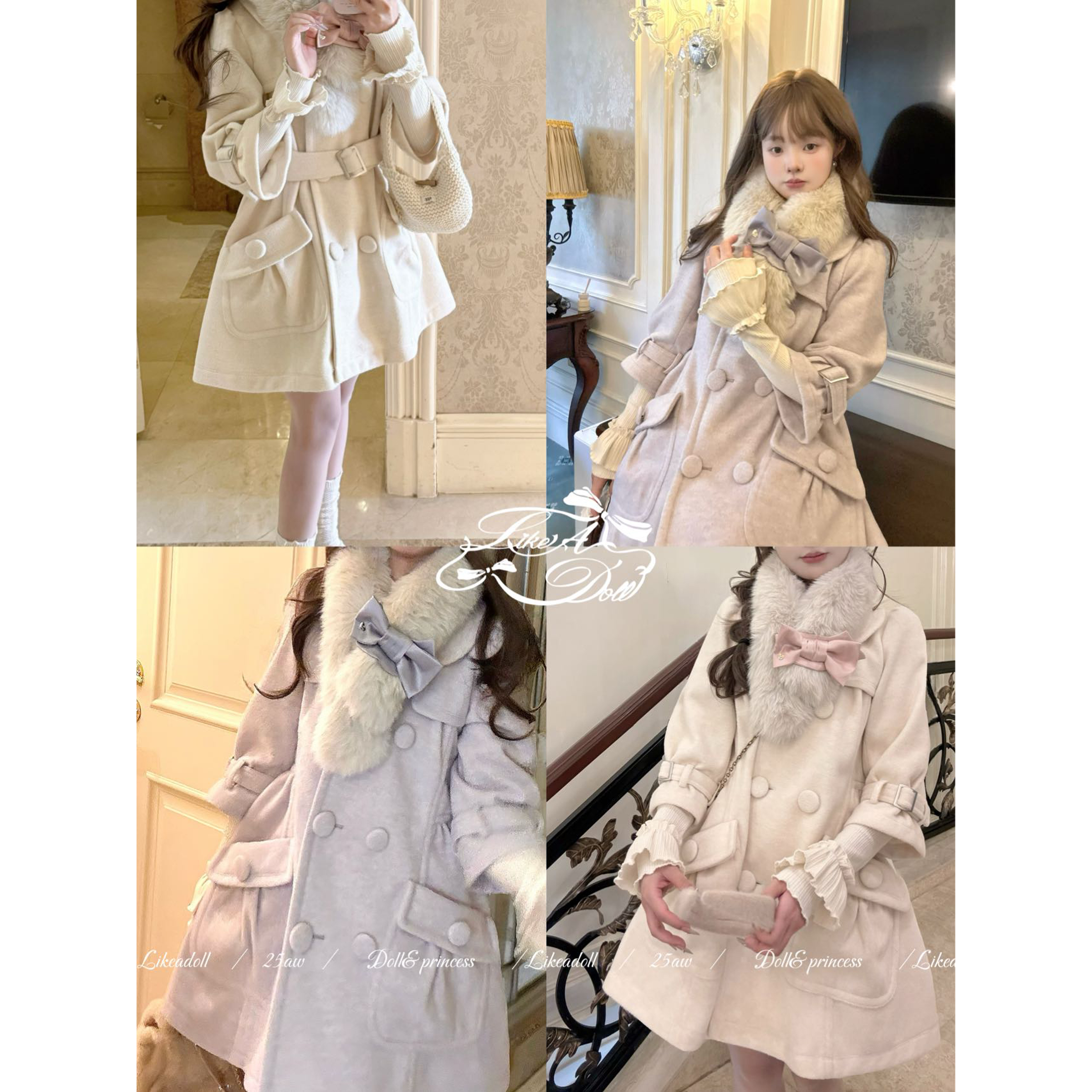 DOLL原创-古典千金-杏色浅紫色呢中长款大衣女冬季设计感宽松外套