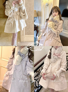 DOLL原创-古典千金-杏色浅紫色呢中长款大衣女冬季设计感宽松外套