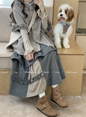 DOLL原创-雪融札记- 设计感斗篷罩衫灰色拼布半身长裙两件套秋冬