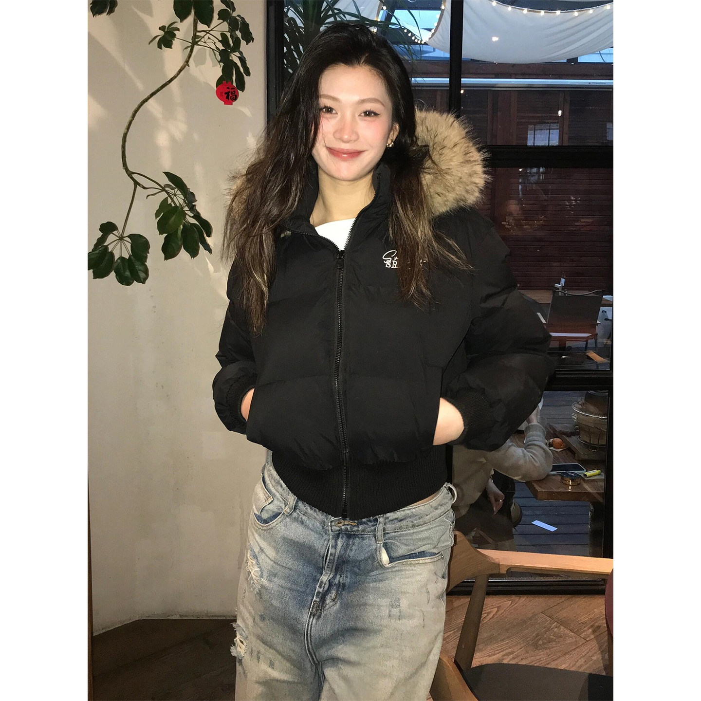 免费试穿！美式复古黑色羽绒棉服