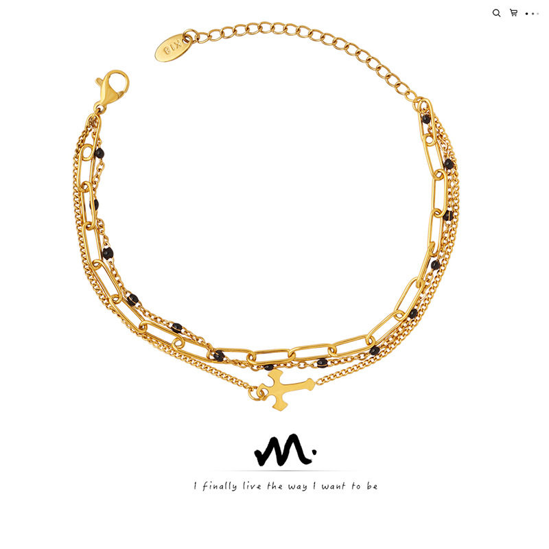 三层叠戴十字架手链钛钢18k金闺蜜手饰