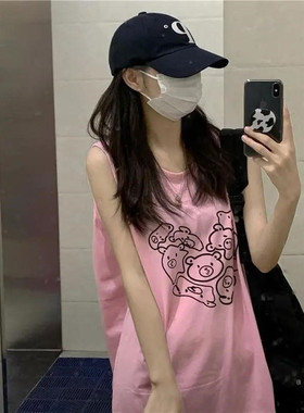 中长款夏季卡通吊带裙背心BF风