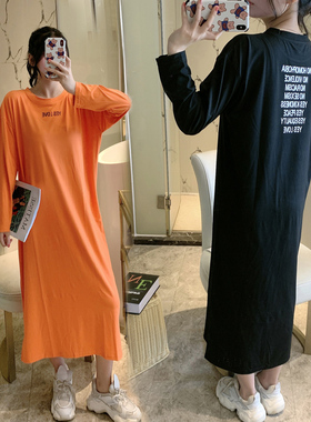 秋天韩国ins新款长袖T恤裙女超长版过膝长裙高个子宽松大码连衣裙