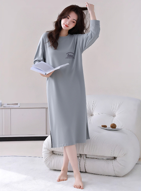 秋冬季长袖德绒加绒女士睡裙大码宽松时尚洋气长款过膝睡衣家居服