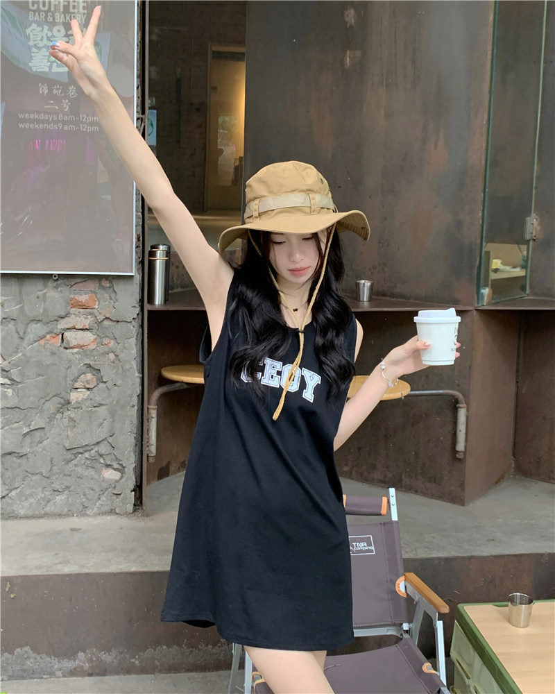 夏款甜美无袖T恤裙女学生宽松大码中长款连衣裙ins超火背心裙BF风