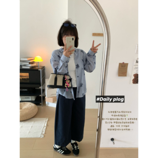 XFYSTYLE_蓝条纹重工刺绣休闲衬衫女26春季薄款宽松全棉长袖上衣