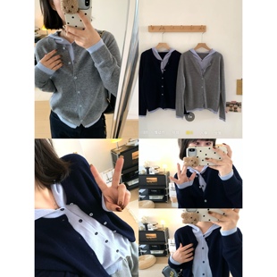 XFYSTYLE_全羊毛软糯撞色假两件连帽针织衫女冬慵懒宽松开衫外套