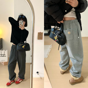 XFYSTYLE_加厚绒束脚运动卫裤女冬季保暖笑脸刺绣直筒显瘦休闲裤