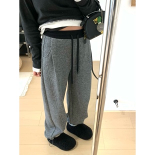 XFYSTYLE_雪花肌理感拼色加绒休闲裤女冬可抽绳束脚直筒显瘦长裤