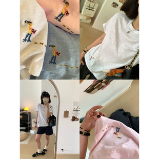 XFYSTYLE_纯棉短袖T恤女下摆火烈鸟刺绣三色宽松基础圆领百搭上衣