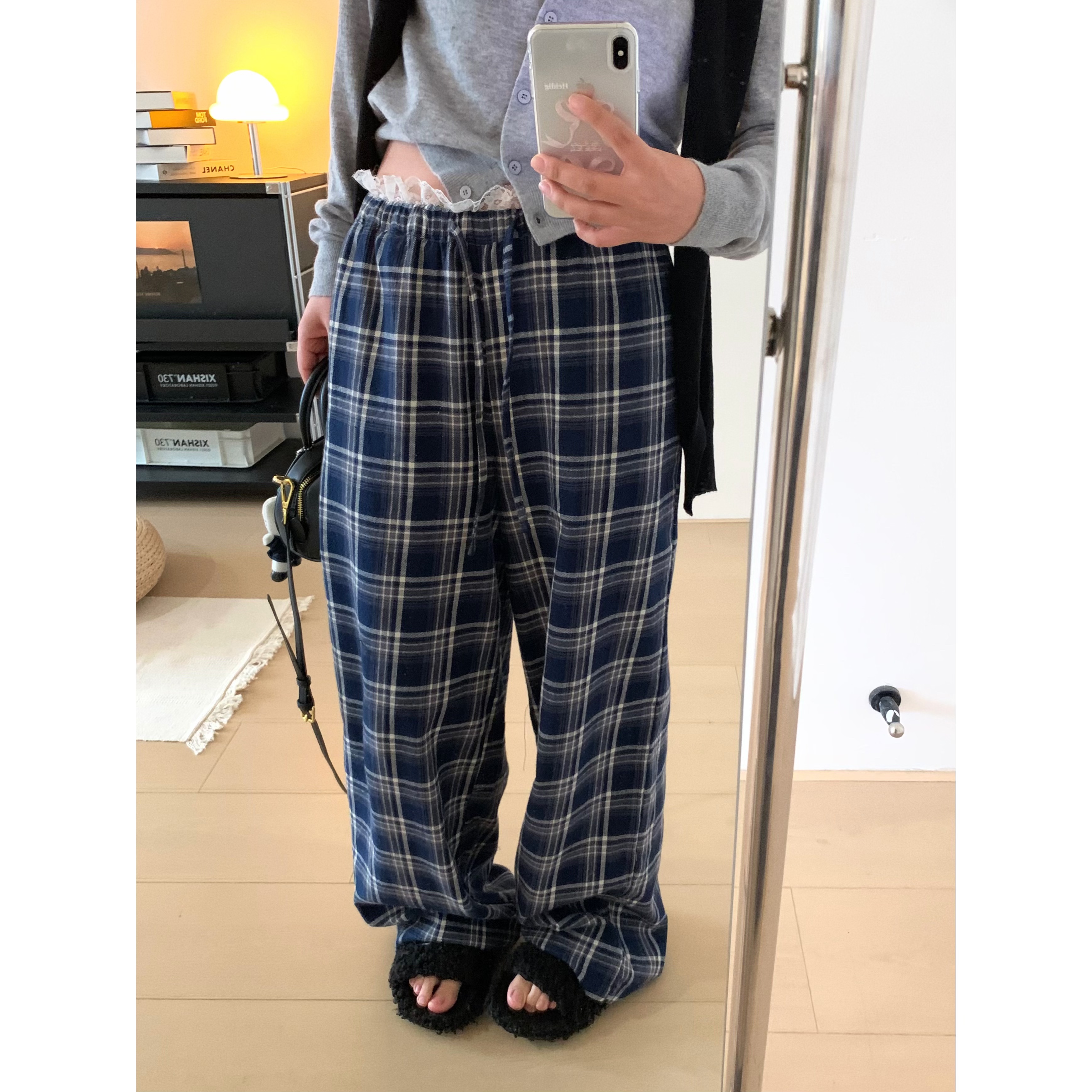 蕾丝花边格纹垂感显瘦休闲长裤