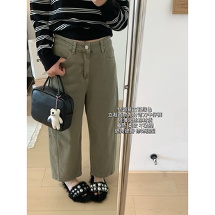 XFYSTYLE_复古苔绿色 立体剪裁拼接九分弯刀牛仔裤