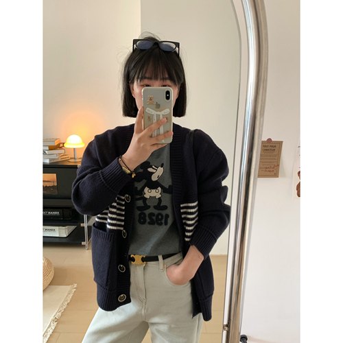 慵懒加厚v领条纹毛针织开衫外套