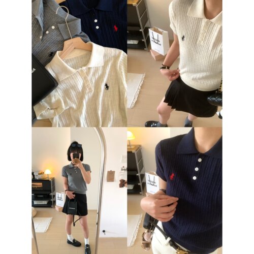 刺绣polo翻领套头短袖针织衫上衣