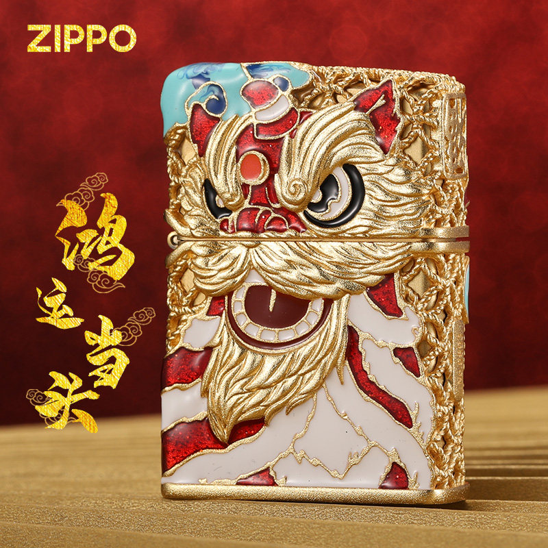 正版zippo煤油打火机珐琅彩鸿运当头醒狮收藏防风个性新年送礼