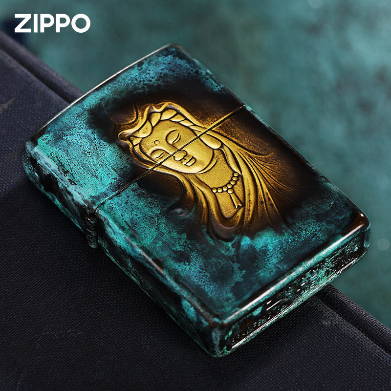 zippo打火机煤油防风正品青铜观音双面立体复古做旧个性收藏男士