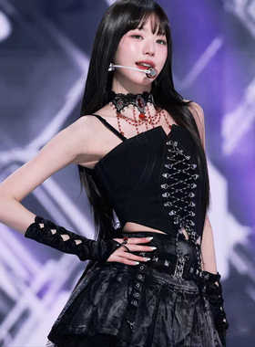 张元英同款女团打歌性感绑带抹胸幻彩皮裙套装爵士舞服舞台表演服