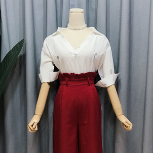 S031 宽松衬衣 复古法式 气质通勤女士v领上衣衬衫