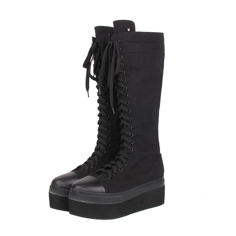 普普家 2025新品 经典秋冬哥特风朋克靴高跟尖头系带高筒靴M279