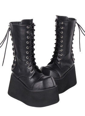 普普家 2024新品朋克靴大头超高跟前后系带装饰厚底松糕靴M3905