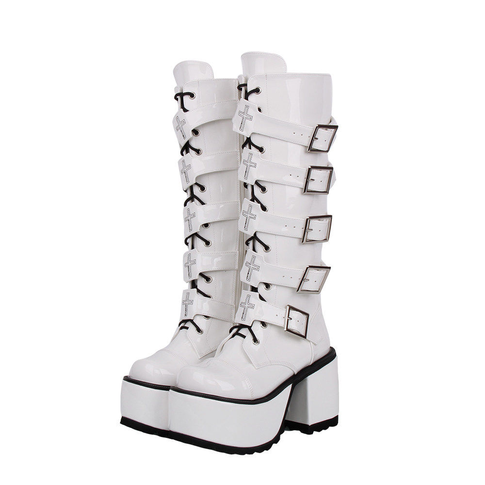 普普家 2025新品经典Lolita PUNK靴圆头松糕系带高筒靴M284