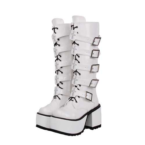 普普家 2025新品经典Lolita PUNK靴圆头松糕系带高筒靴M284