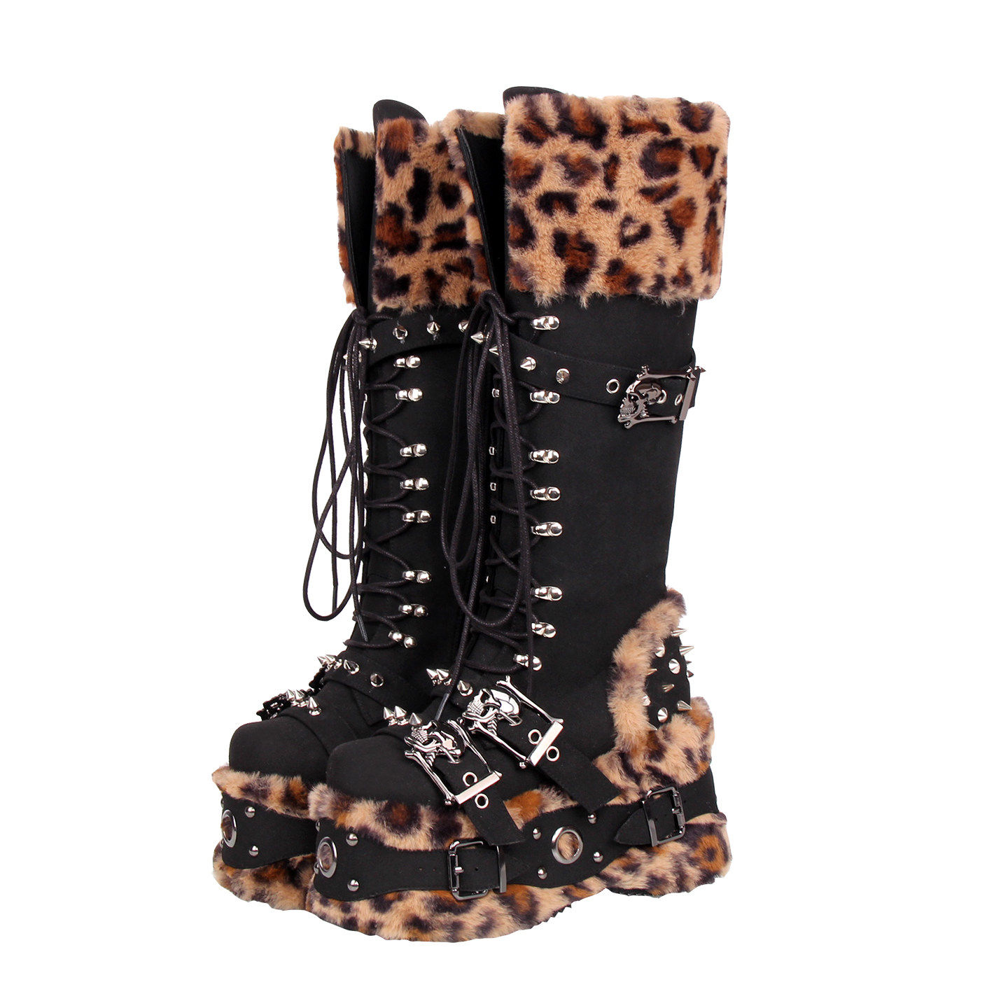 普普家 2025经典秋冬哥特风朋克靴拼接皮带扣松糕系带高筒靴M496